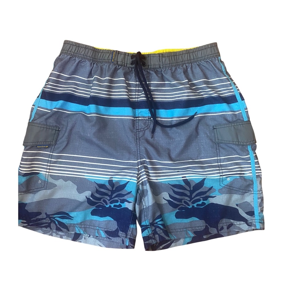 Banana Boat Mens Swim Trunks Blue Grey Striped Tropical Cargo Shorts 2XL UPF 50+
